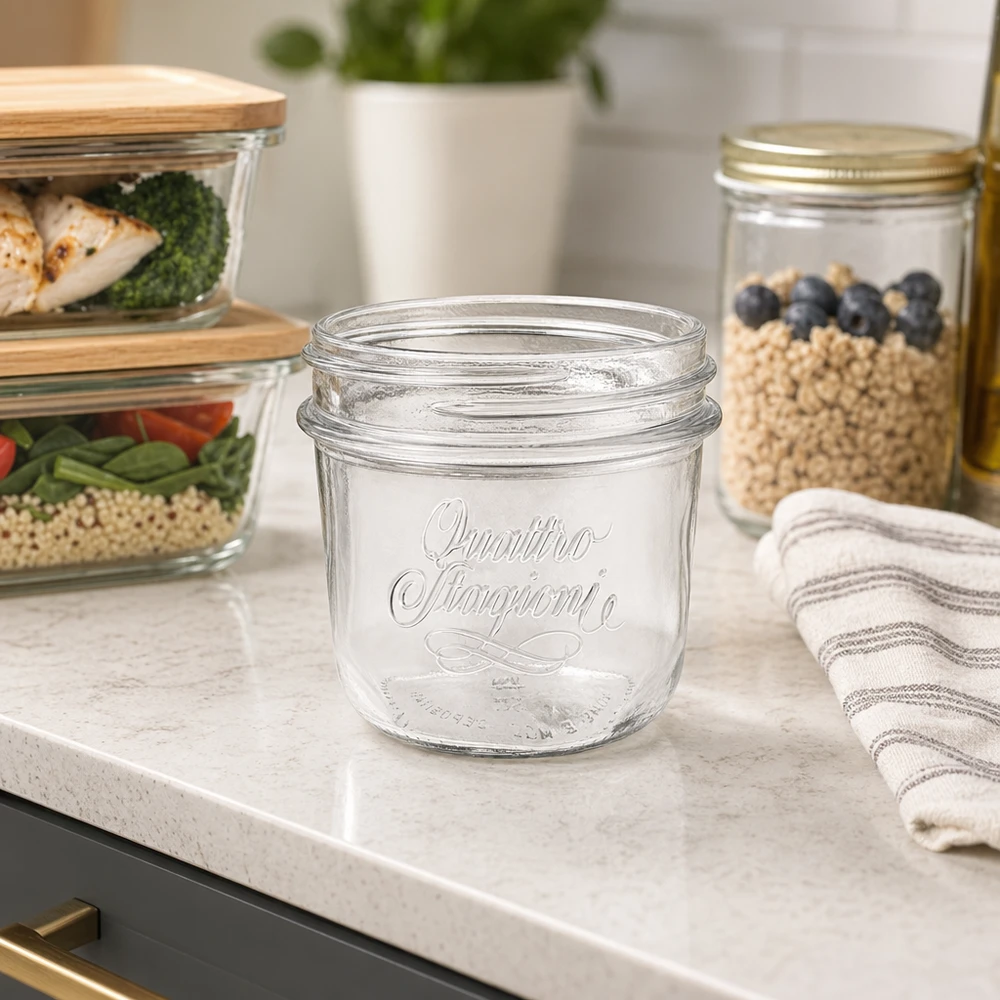 200ml Quattro Stagioni Einmachglas mit elegantem Design für Küche Vorratshaltung und Dekoration auf Marmor Arbeitsplatte