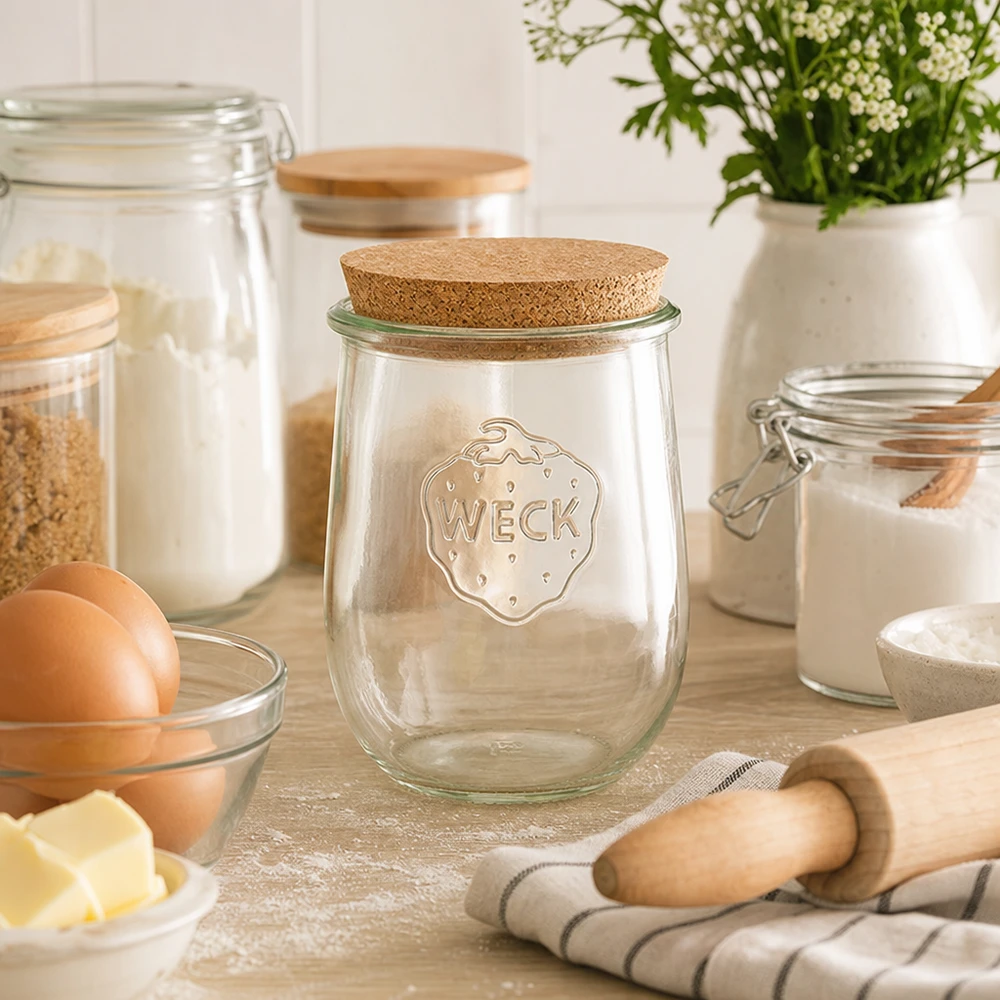 1062ml tulppaanipurkki WECK RR100 korkilla luonnonmukainen WECK tulppaanipurkki RR100 1062ml korkilla viihtyisässä leivontakeittiössä jauhojen, kananmunien ja leivonta-aineiden säilytyksen vieressä.