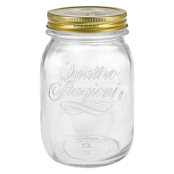 500 ml:n pyöreä "Quattro Stagioni" -purkki, jossa on kansi