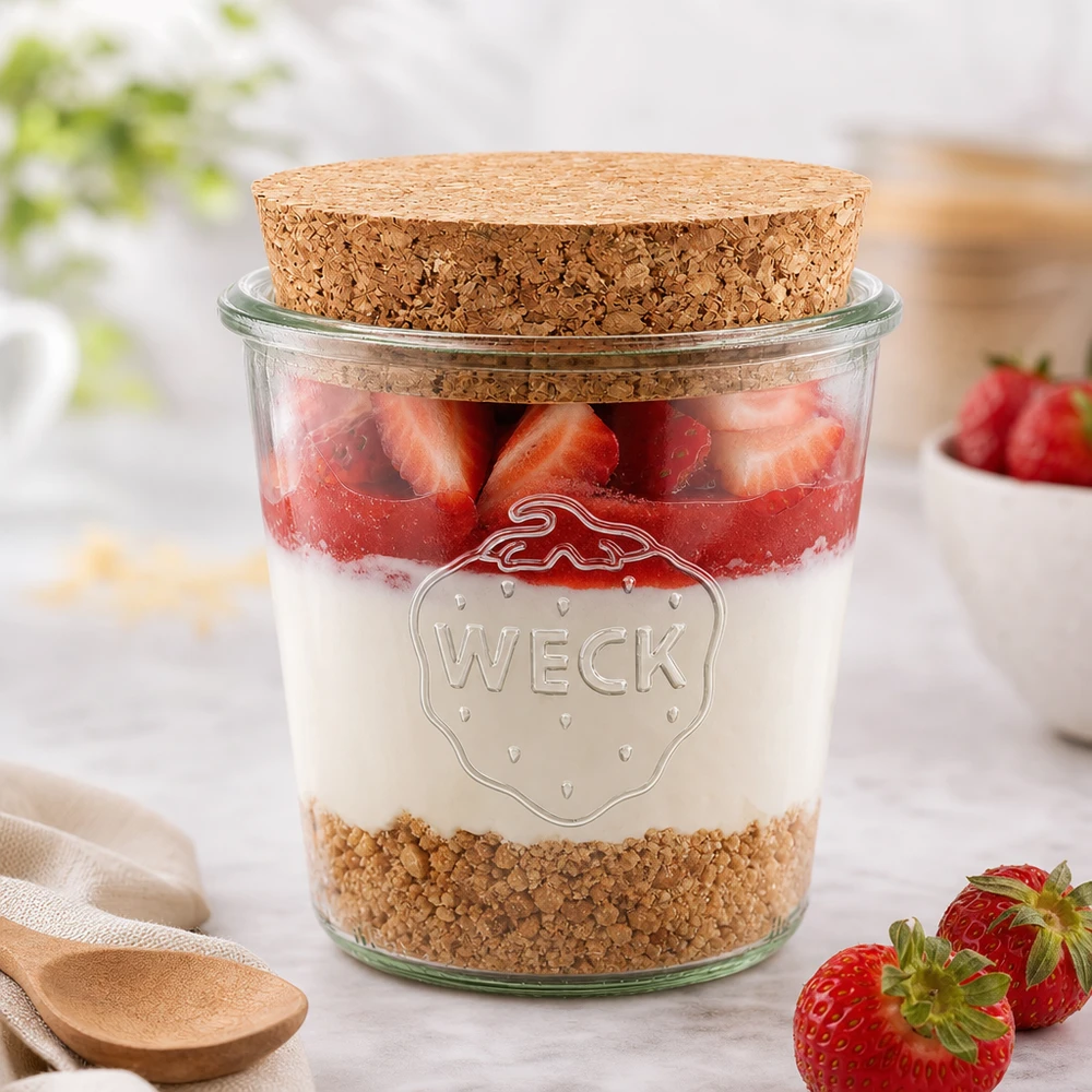 WECK-purkki 580ml RR100 korkilla jälkiruokapurkki mansikoille jogurtti-mysliä varten tyylikkäästi järjestettynä valkoiselle pöydälle.