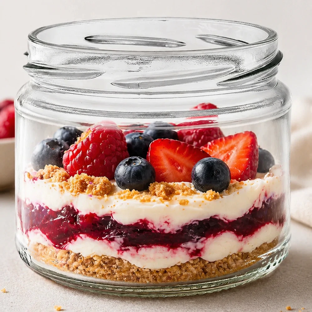 330ml pyöreä purkki ilman kantta (TO82) UNiTWIST UNiTWIST Runda330 pyöreä lasi täynnä värikkäitä marjoja jälkiruoka kerrostettu jälkiruoka trifle marjat kerma keksi pohjaan