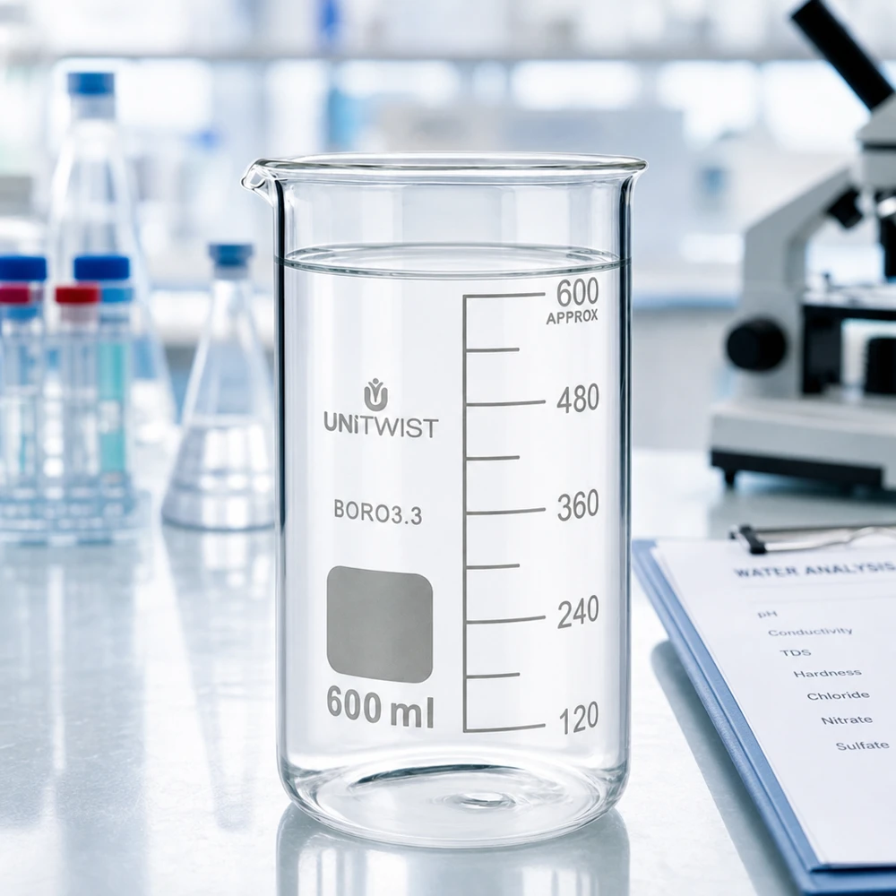 600 ml borosilikaattilasi, korkea muotti UNiTWIST UNITWIST-lasimuki, 600 ml, korkea malli, borosilikaattia, jossa on puhdasta vettä, laboratoriopöydällä mikroskoopin vieressä