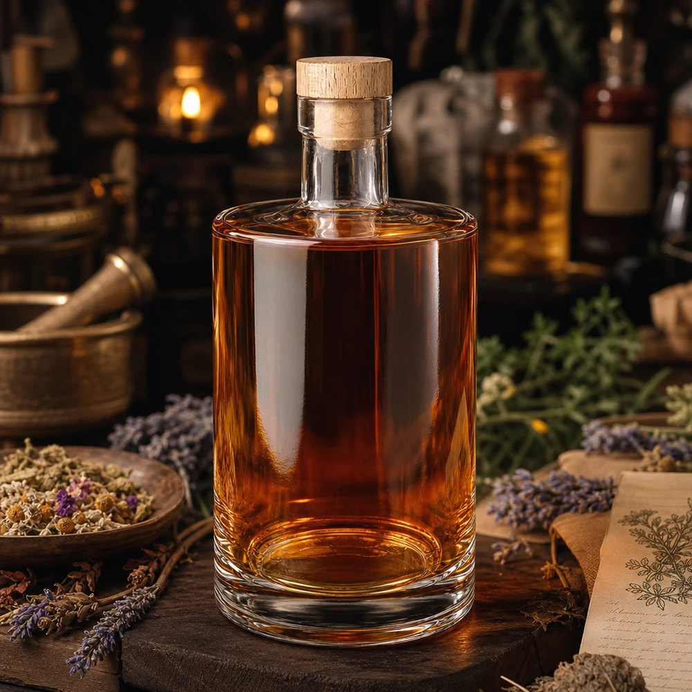 700ml Glasflasche "Galileo" mit Holzgriffkorken UNiTWIST® 700 ml:n lasipullo Marie, jossa on puukorkki ja ruskea sisältö, joka on järjestetty kuivattujen yrttien ja laventelin väliin.