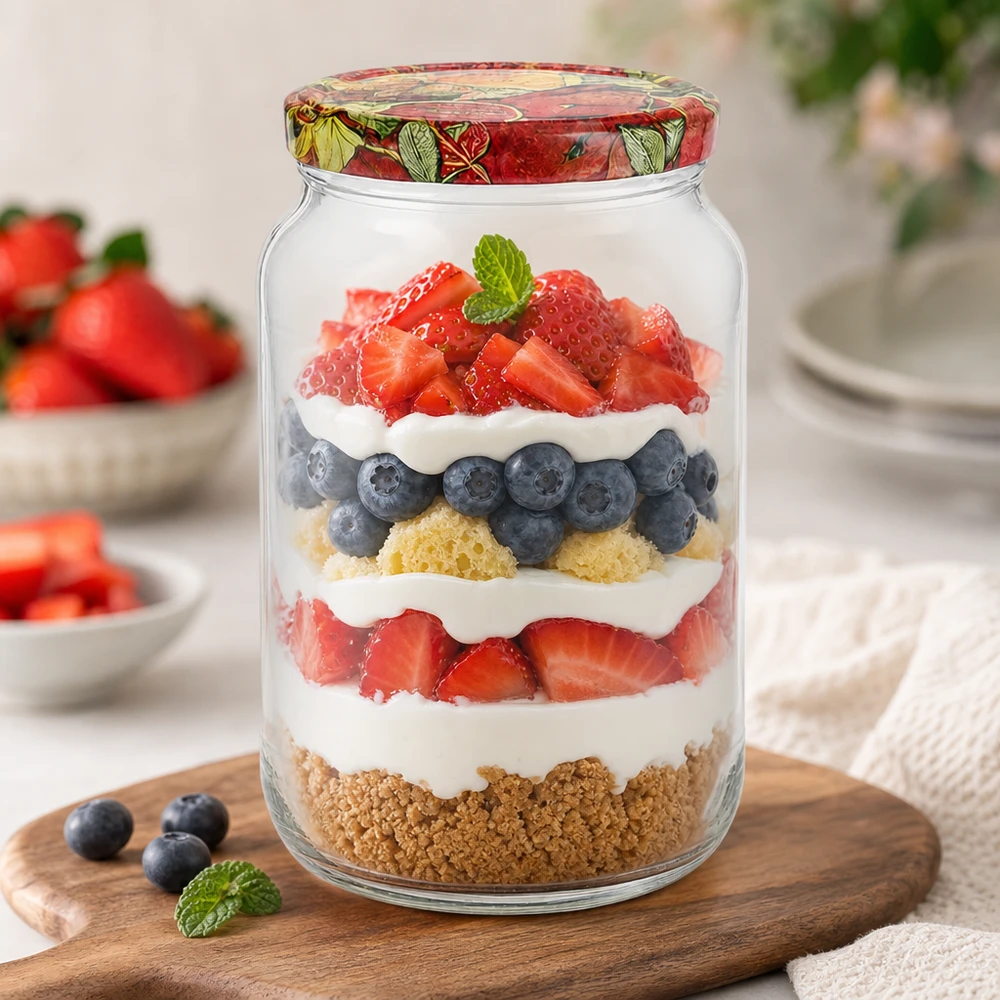 1062ml pyöreä purkki BasicSeal kansi hedelmä sisustus kerrostettu jälkiruoka marjat kerma keksi pohja trifle jälkiruoka mason purkki