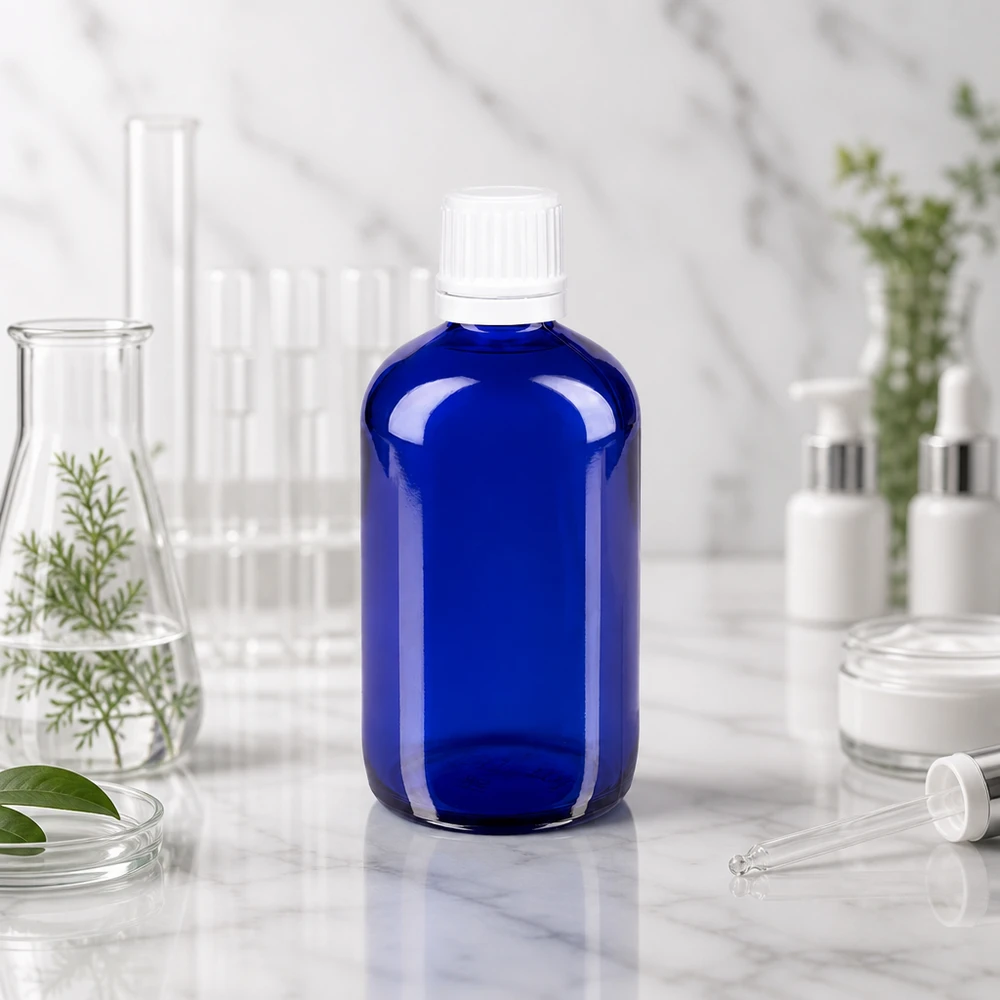Apteekkipullo sininen 100ml ruuvikorkki valkoinen peukaloinninesto sulkeminen Sininen 100 ml:n lasinen apteekkipullo, jossa on valkoinen 11 mm:n OV-korkki, laboratoriossa Erlenmeyer-pullojen ja koeputkien välissä