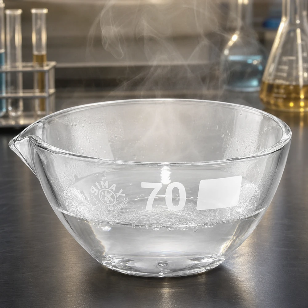 Laadukkaasta borosilikaatista valmistettu läpinäkyvä 60 ml:n lasikulho, jossa on nokka, tarkkaan laboratoriotyöhön.