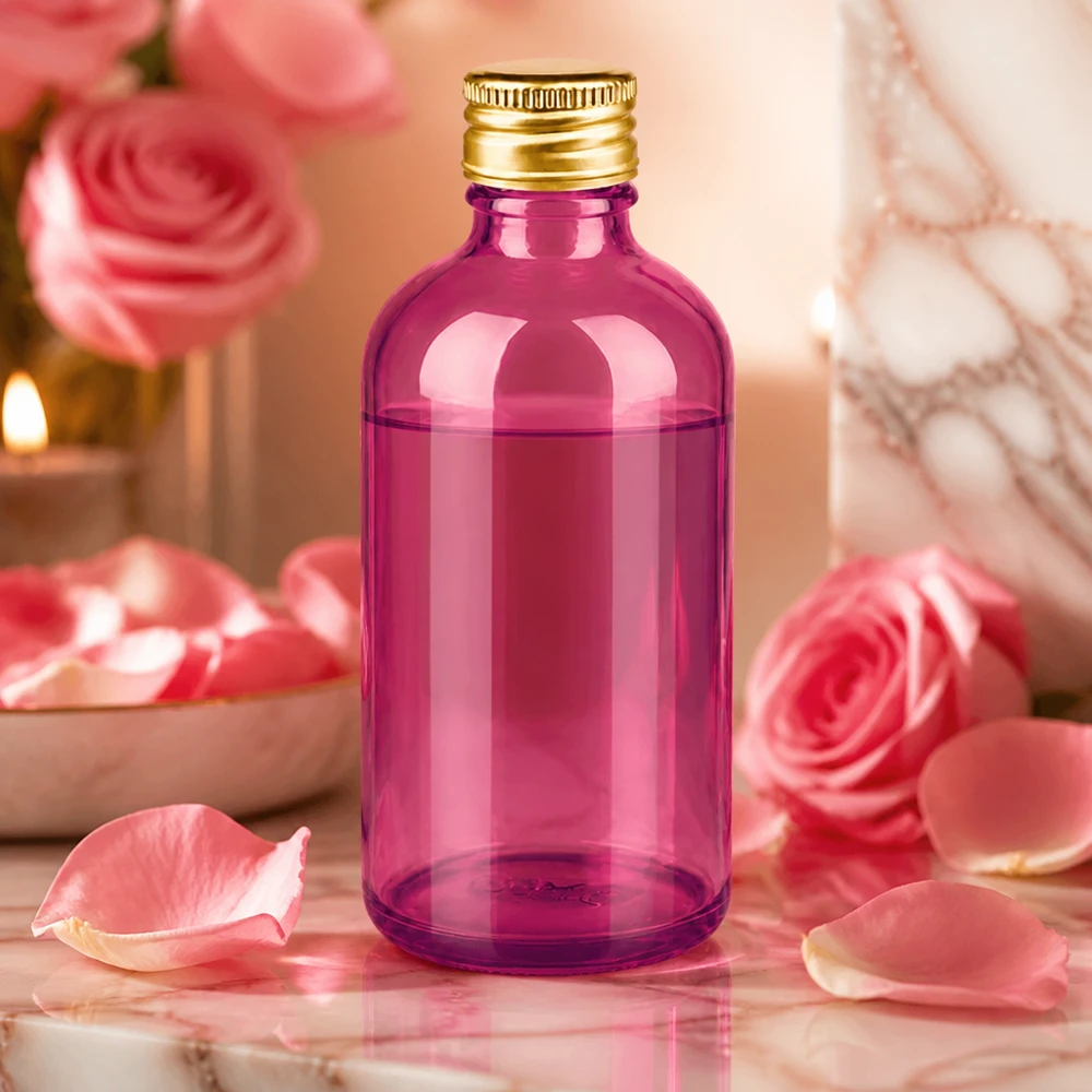 100ml pullo 11mm kierrekorkki alumiininen kultainen standardi PurpleLine. UT18/100 Tyylikäs 100ml violetti lasipullo kultaisella korkilla laadukkaille kauneustuotteille ja hajuvesille.
