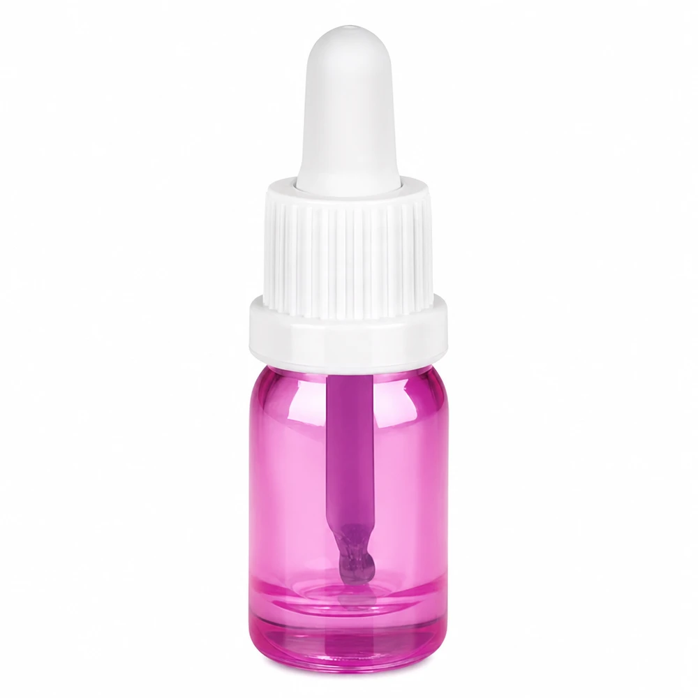 5 ml:n pipettipullo valkoisella violetilla lasilla ja tippapipetti tarkkaa annostelua varten.