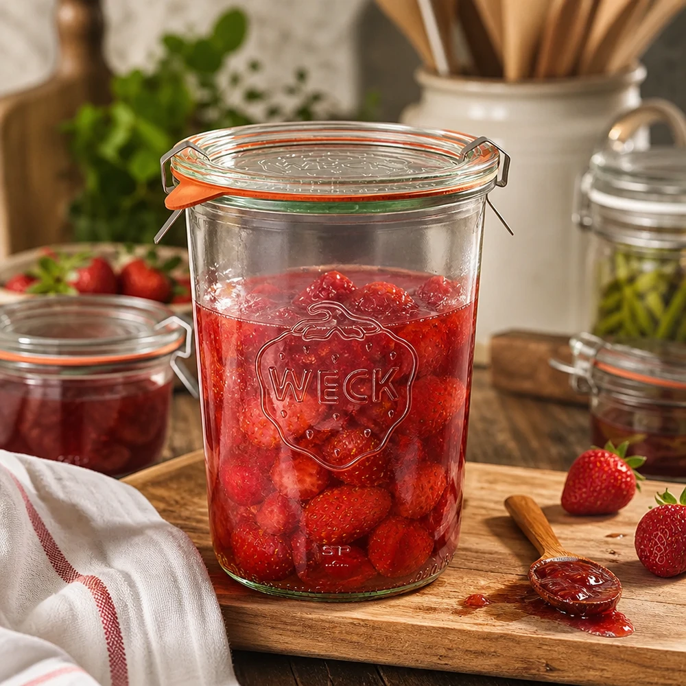 850 ml:n tumppupurkki täydellisenä WECK RR100 WECK 850ml säilöntätölkki täynnä mansikkahilloa puulautalla maalaismaisessa keittiössä, jossa on tuoreita mansikoita.