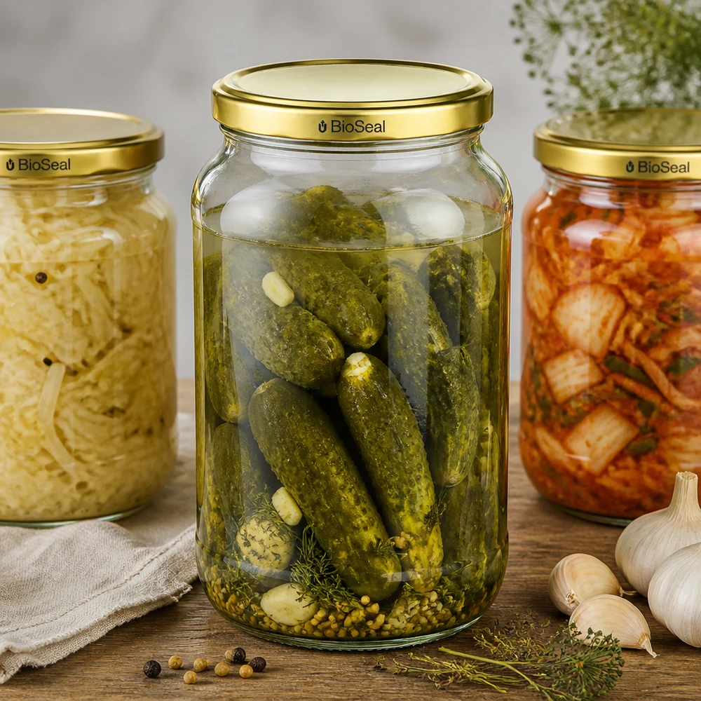 1062ml pyöreä purkki kultaisella UNiTWIST BioSeal-kannella. UNiTWIST Runda1062 säilöntäpurkkisarja suolakurkut kimchi TO82 BioSeal kansi käynyt ruoka