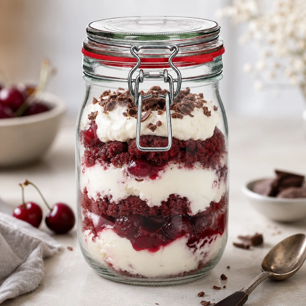 1140 ml:n säilytyspurkki, tyyppi G, kauluslukolla UN.. Ilmatiivis 1140 ml:n säilytyspurkki, jossa on kääntyvä korkki, sopii täydellisesti kerroksittaisille jälkiruoille ja makeisille.