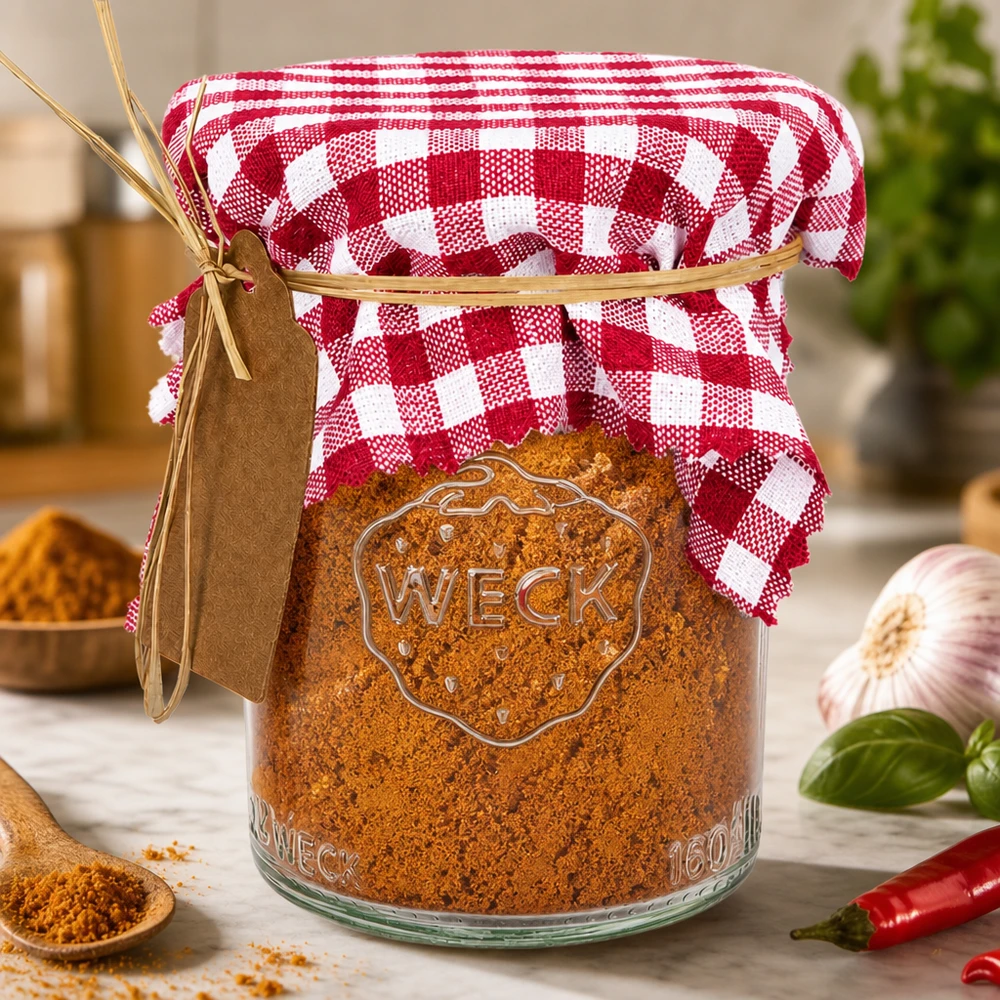 Bordeaux-chequed koristeellinen esiliina 12cm neliö WECK maustepurkki paprika ja yrttejä maalaistalon keittiössä