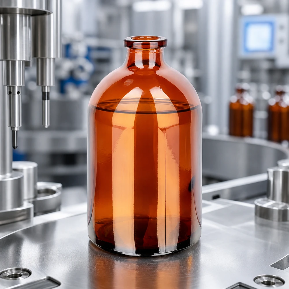 Injektiopullo meripihkalasista 100ml Sterile Injektionsflasche 100ml aus Braunglas auf Edelstahlunterlage neben Abfüllnadel