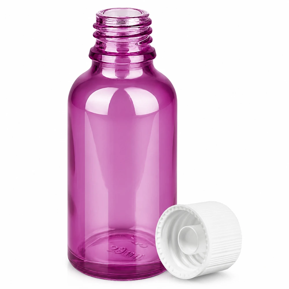 Violetti lasipullo 30ml, jossa valkoinen kierrekorkki eteerisille öljyille ja seerumeille.