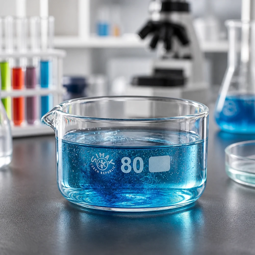 150ml kiteytysmalja, jossa on suulake borosilikaatti ø80mm Matala kiteytysastia 150 ml, halkaisija 80 mm, sisältää sinistä nestettä ja on varustettu borosilikaattilasista valmistetulla kaatimella