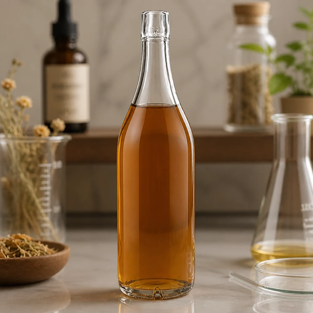 1000 ml:n lasipullo ilman kääntökorkkia UNiTWIST Lasi pullo 1000ml UNiTWIST, jossa on meripihkanvärinen sisältö luonnollisessa keittiöympäristössä yrttien ja pullojen kanssa.