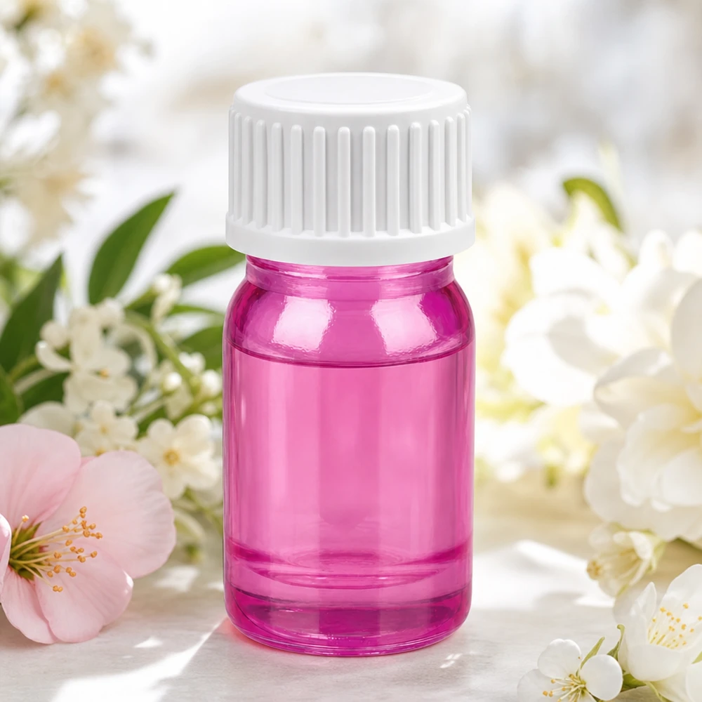 Pienikokoinen 5 ml:n lasipullo vaaleanpunaisella vaaleanpunaisella ja valkoisella kierrekierteellä liikkuvaan aromaterapiaan tien päällä.