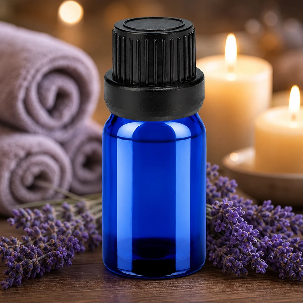 Sininen 5ml lasipullo, jossa on tarkka 2mm tippaputki nesteiden hallittua annostelua varten.