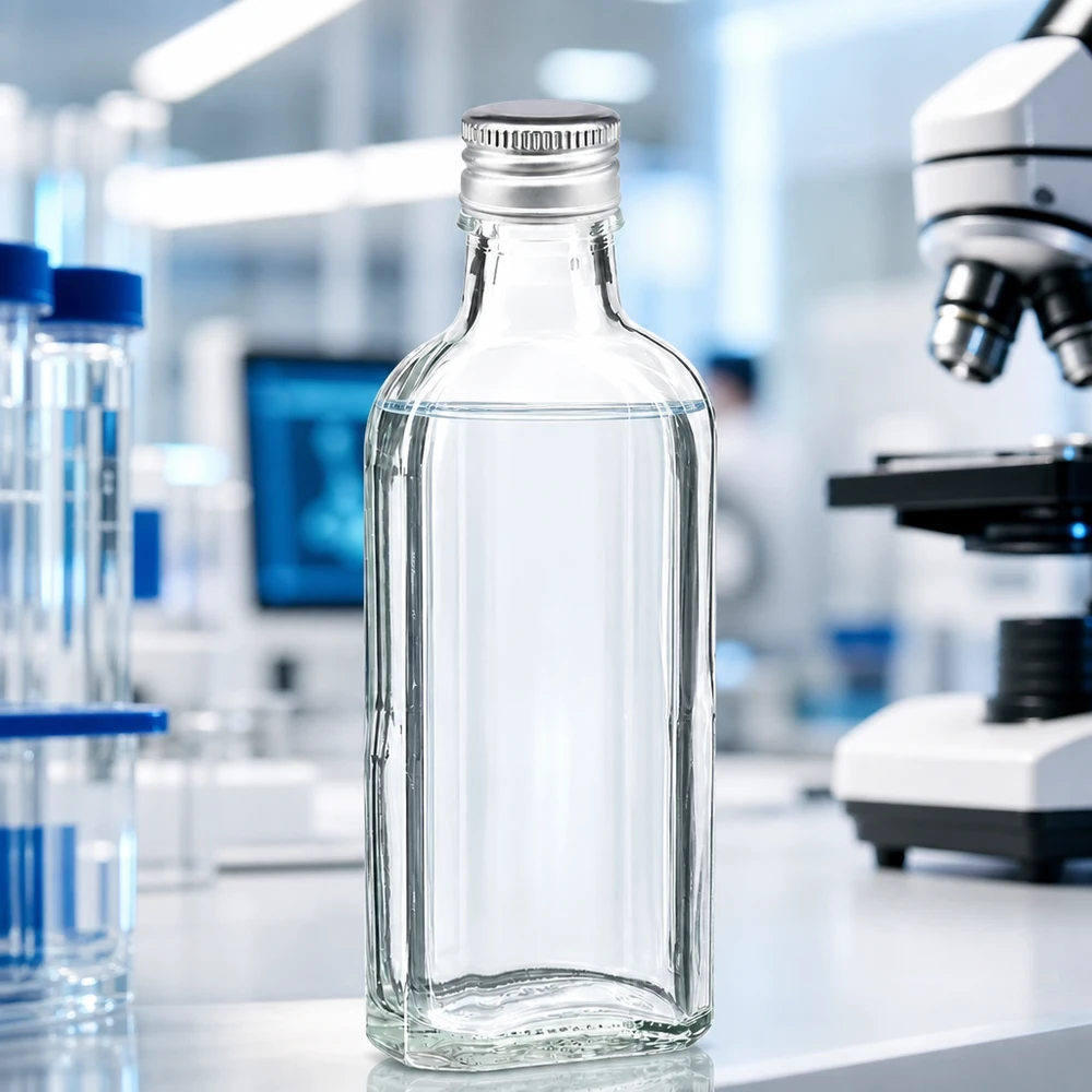 Pieni Meplat-lasipullo, 100 ml, kirkas, hopeanvärisellä alumiinisella kierrekorkilla, PP22, laboratoriokäyttöön