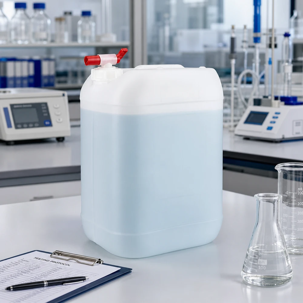 Vaaleansininen 25 litran kanisteri, jossa on punainen hanan, valkoisella laboratoriopöydällä Erlenmeyer-pullon vieressä