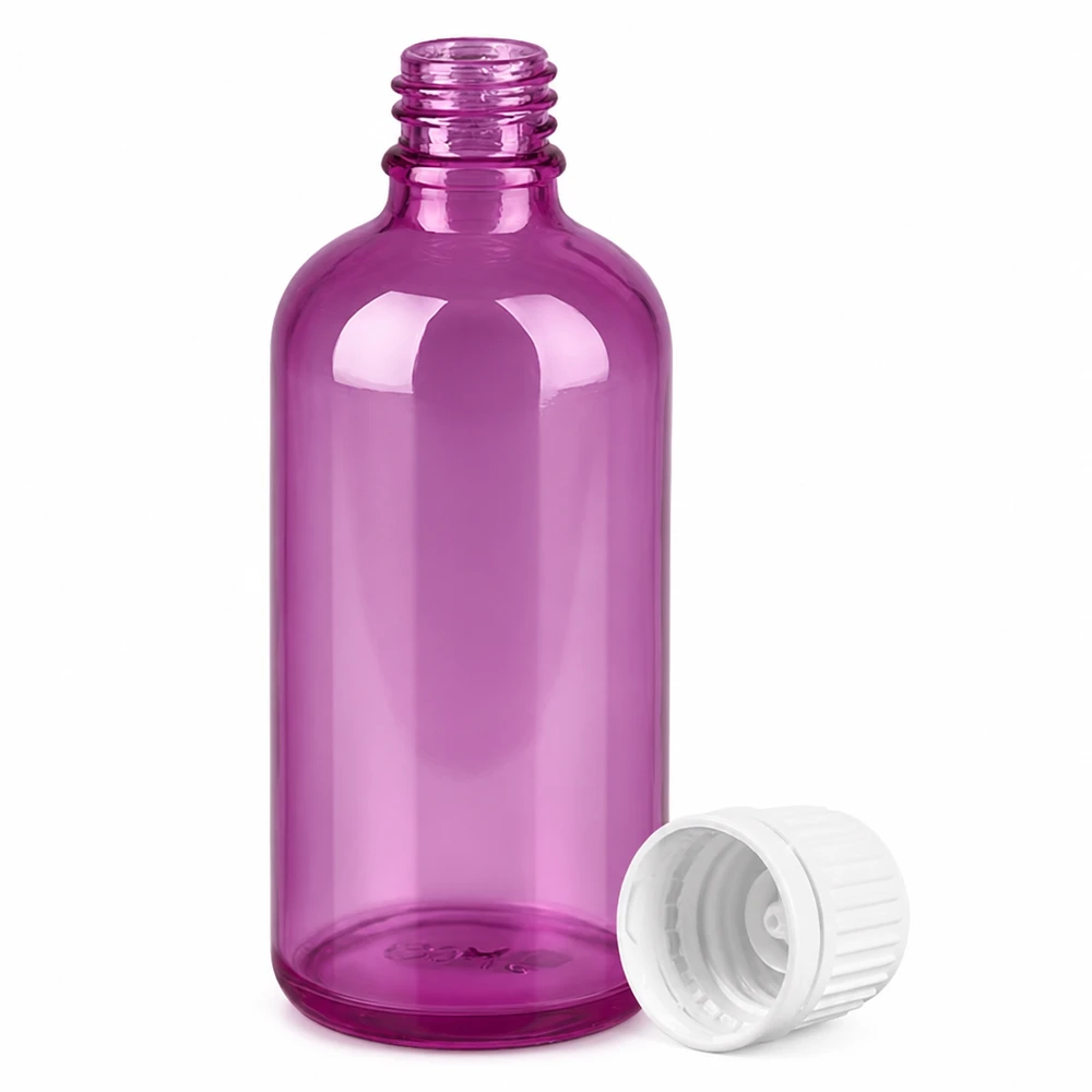 100ml pullo 11mm kierrekorkki valkoinen Alkuperäinen kierrekorkki PurpleLine UT18/100 Violetti 100ml pullo kierteellä ja irrotettavalla valkoisella korkilla kosmetiikkaan ja aromaterapiaan.