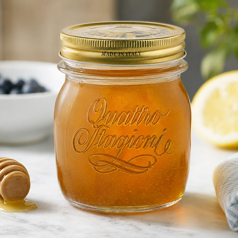 250ml pyöreä purkki "Quattro Stagioni" kannella varustettuna 250ml pyöreä purkki Quattro Stagioni kultaisella kannella täynnä hunajaa keittiön tiskillä Made in Italy