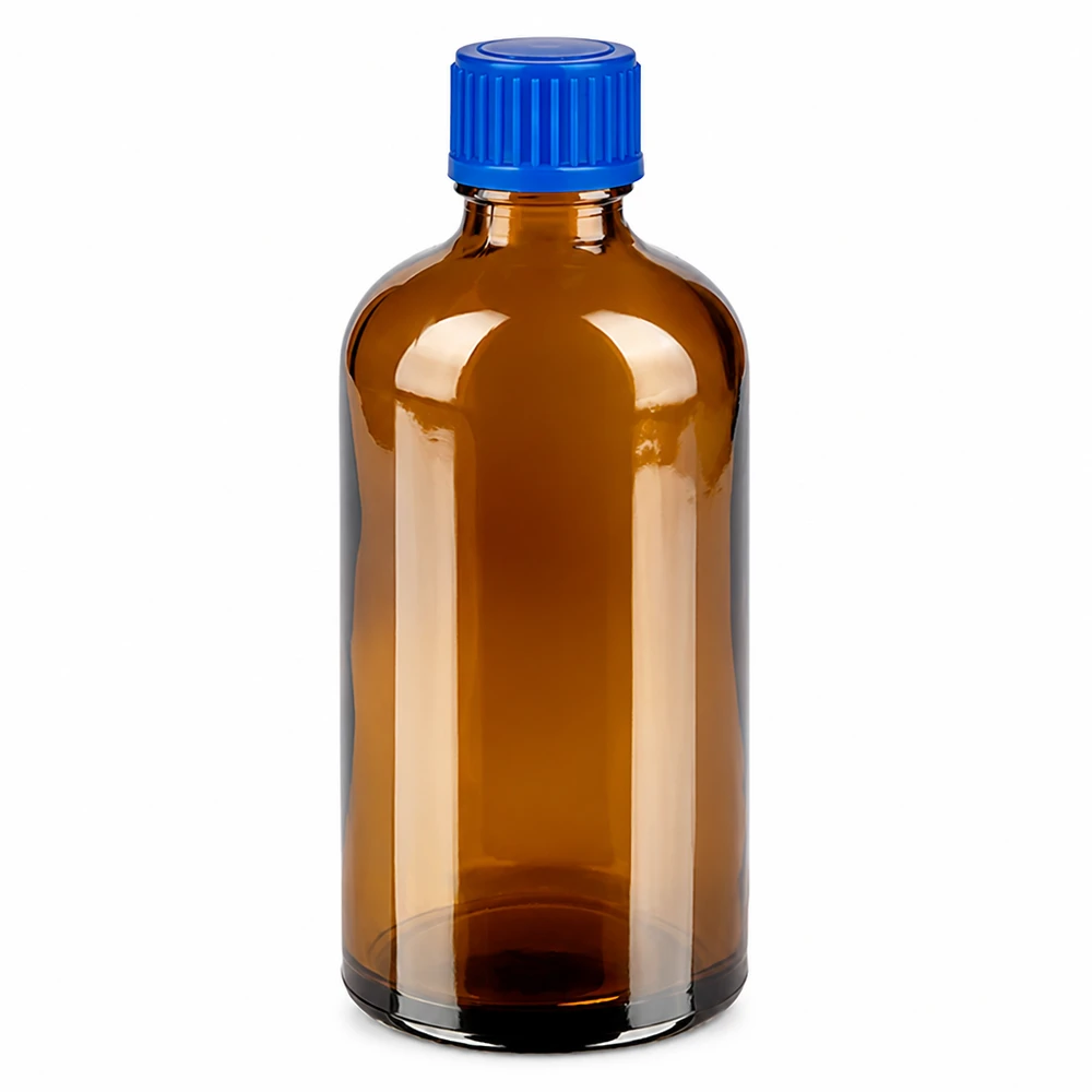 100ml pullo 11mm kierrekorkki sininen Standard BrownLine UT18/100 100ml meripihkanvärinen lasipullo, jossa sininen kierrekorkki turvallista säilytystä varten.