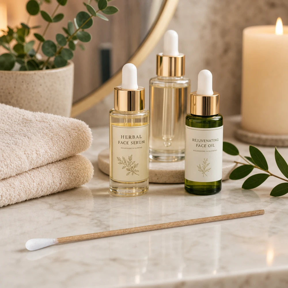 Steriloimattomat puuvillatikut, joissa on puukahva, peilin vieressä Herbal Face Serumin ja Rejuvenating Face Oilin vieressä