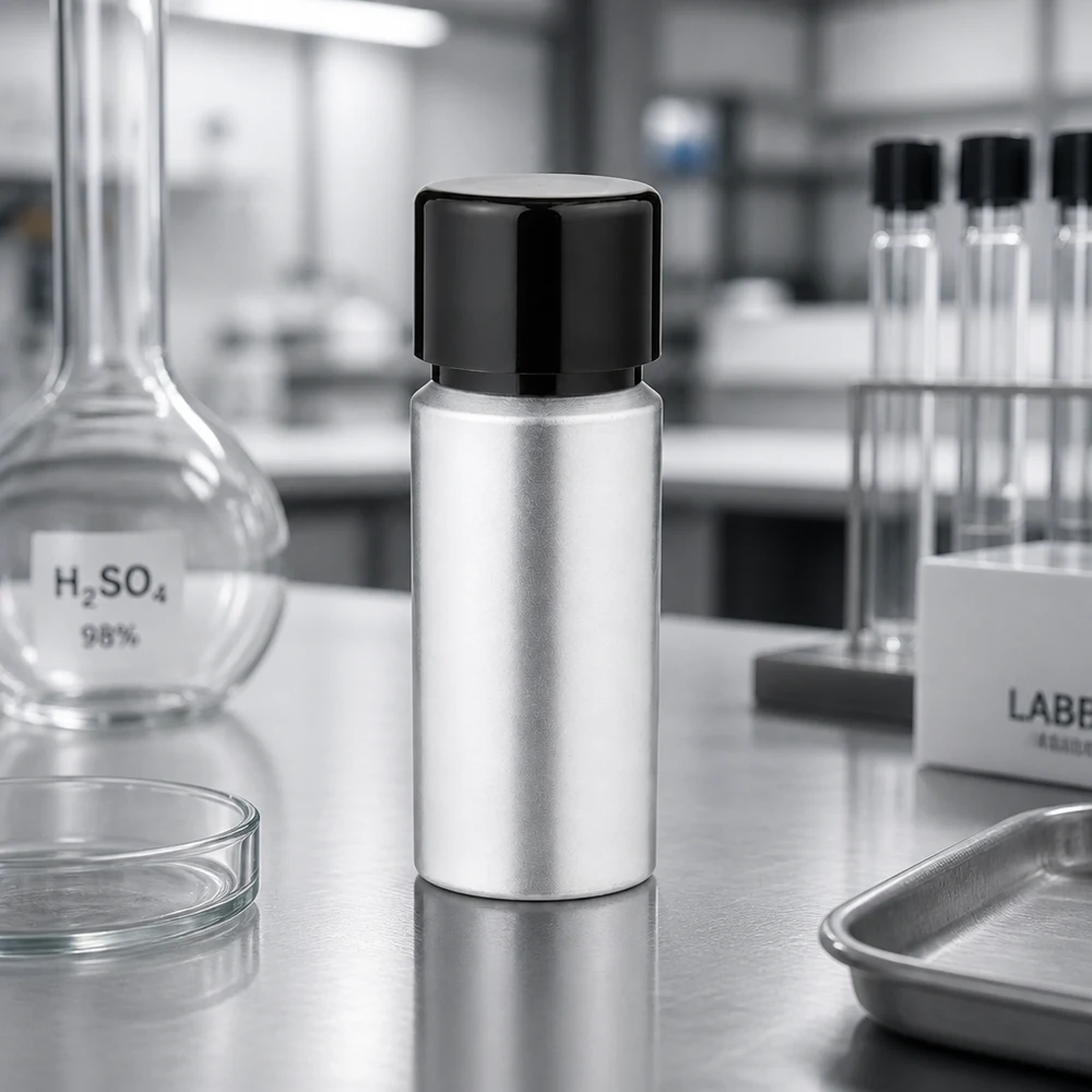 20ml peitattu alumiinipullo, jossa on kierrekorkki Laadukas 20 ml:n alumiinipullo mustalla korkilla laboratoriosovelluksiin ja kemiallisiin aineisiin.