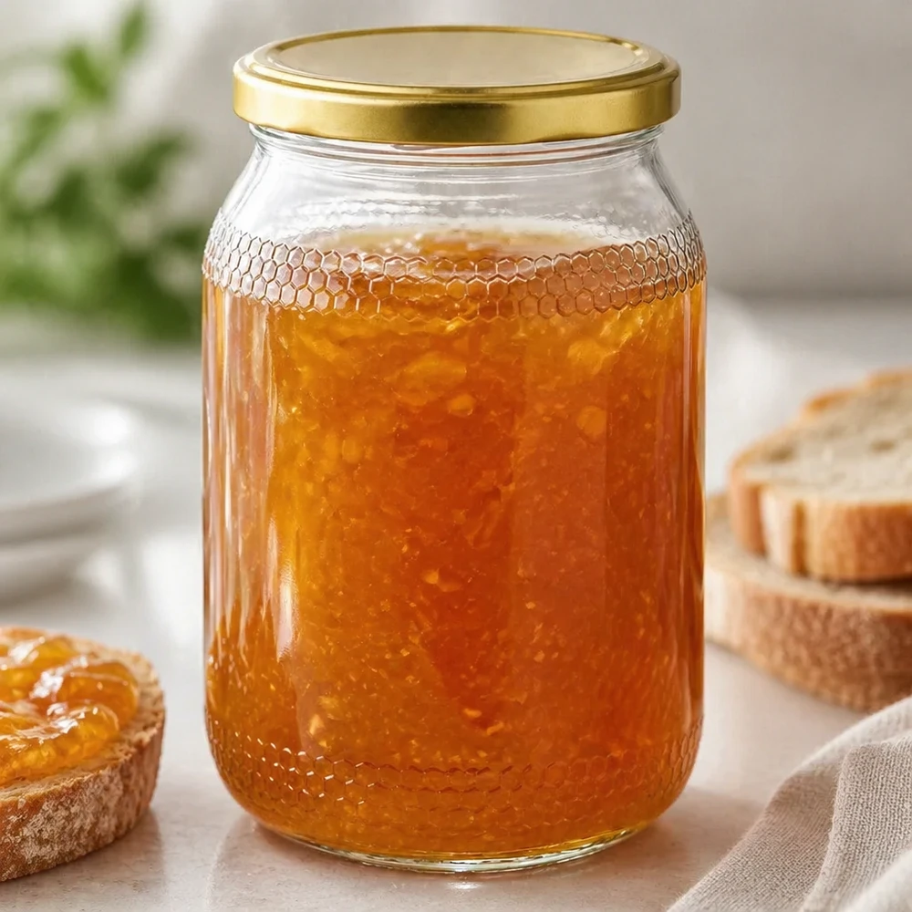 900ml hunajapurkki täynnä kultaista hunajaa ja hunajakennoa - BasicSeal-kansi kultainen aidon hunajan esittelyn takaamiseksi.