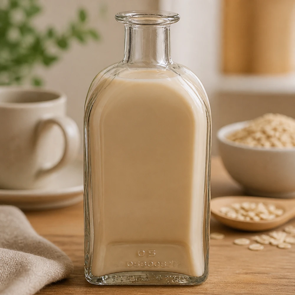 500ml Julia-lasipullo täynnä kermaista beigeä nestettä kaurahiutaleiden ja kupin vieressä lämpimässä keittiötunnelmassa.