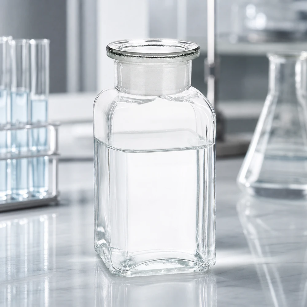 Tyhjä, kirkas 100 ml:n neliömäinen pullo, jossa on lasikorkki, valkoisella laboratoriopöydällä koeputkien välissä