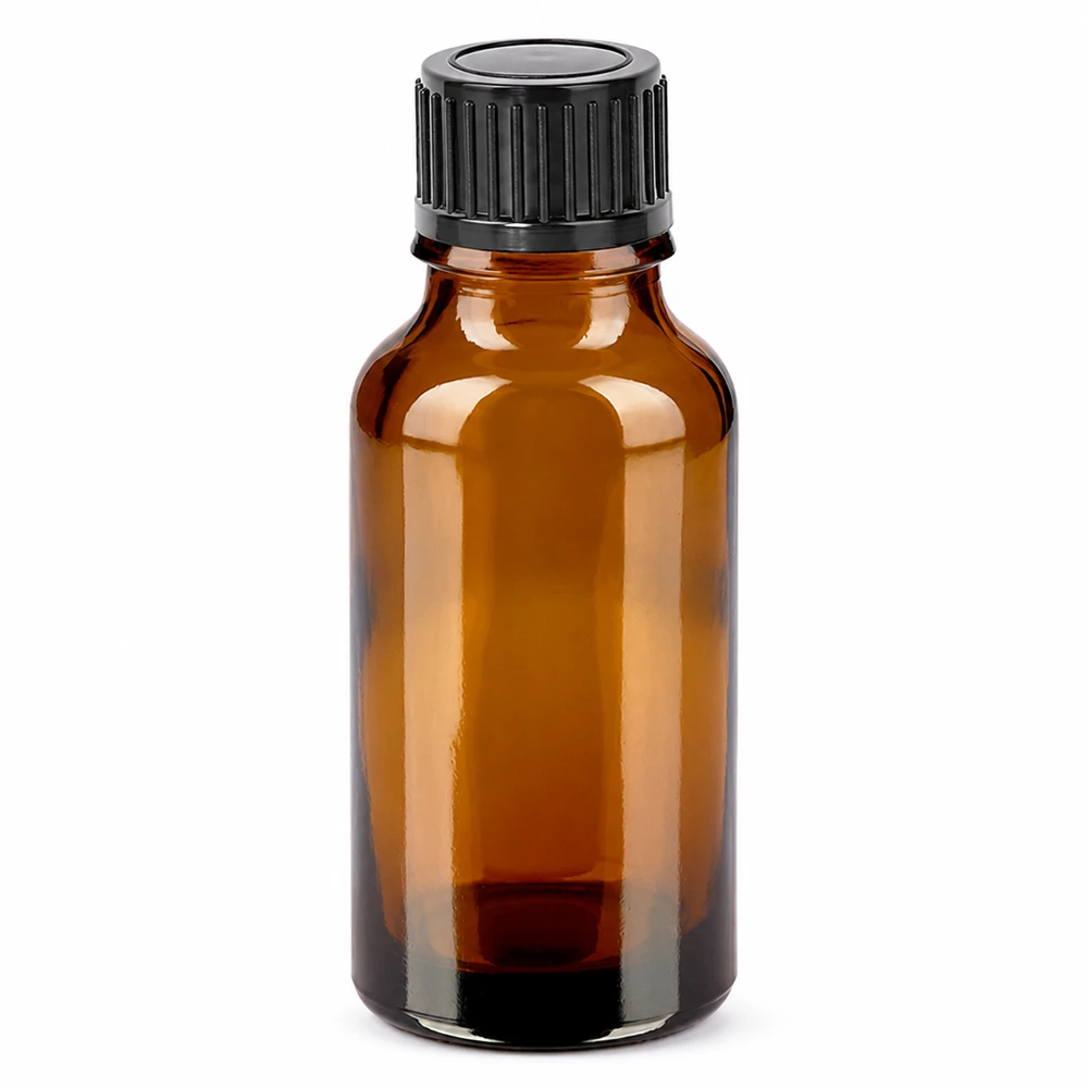 20ml pullo 11mm kierrekorkki musta Standard BrownLine UT18/20 Standard BrownLine UT18/20 20ml ruskea lasipullo mustalla kierrekorkilla eteerisille öljyille ja kosmetiikalle.