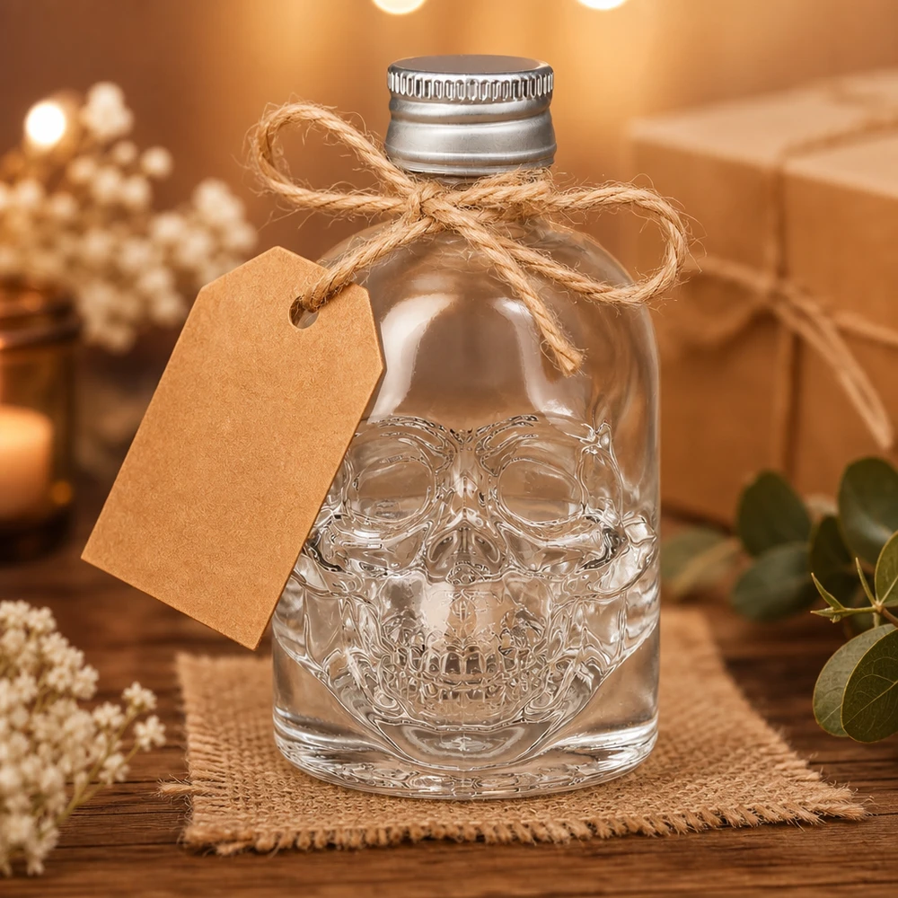 50ml Hector-lasipullo, jossa on kohokuvioitu pääkallo lahjaksi, koristeltu juutti rusetilla ja voimapaperilapulla.