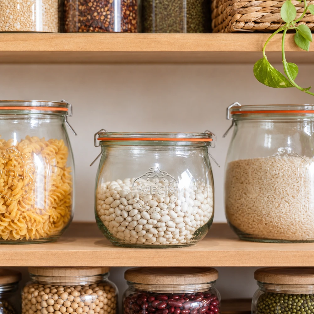 370ml tulppaanipurkki täydellinen WECK RR80 WECK tulppaanipurkki 370ml RR80 ruokakomeron järjestämiseen valkoisten papujen kanssa pastan ja riisin välissä säilytyshyllyssä.