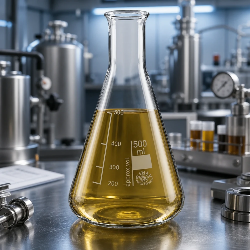 Erlenmeyer-pullo 500ml kapeakaulainen pullo Erlenmeyer-pullo 500ml kapeakaulainen, keltainen liuos ammattimaisessa laboratorioympäristössä.