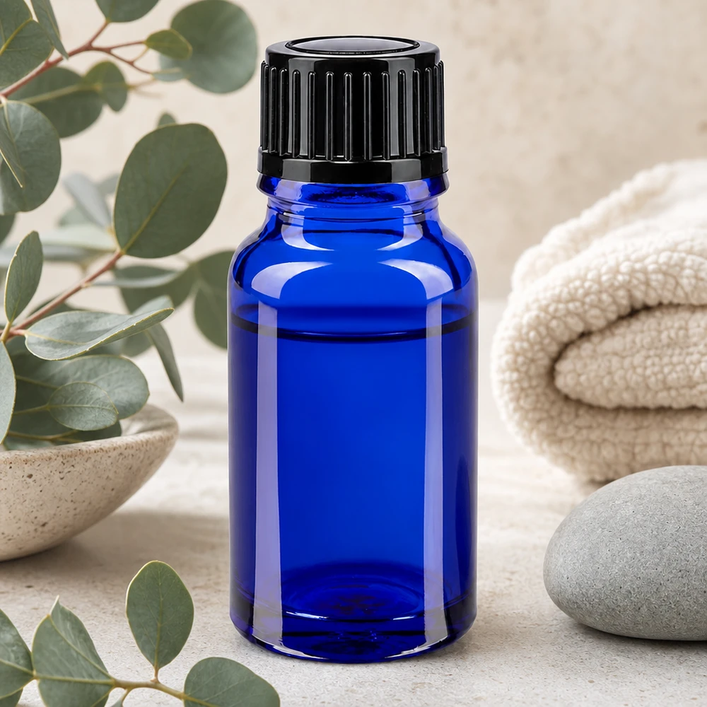 Koboltinsininen 10 ml:n apteekkipullo SV STD, musta, 11 mm, aromaterapiaan ja hyvinvointiin