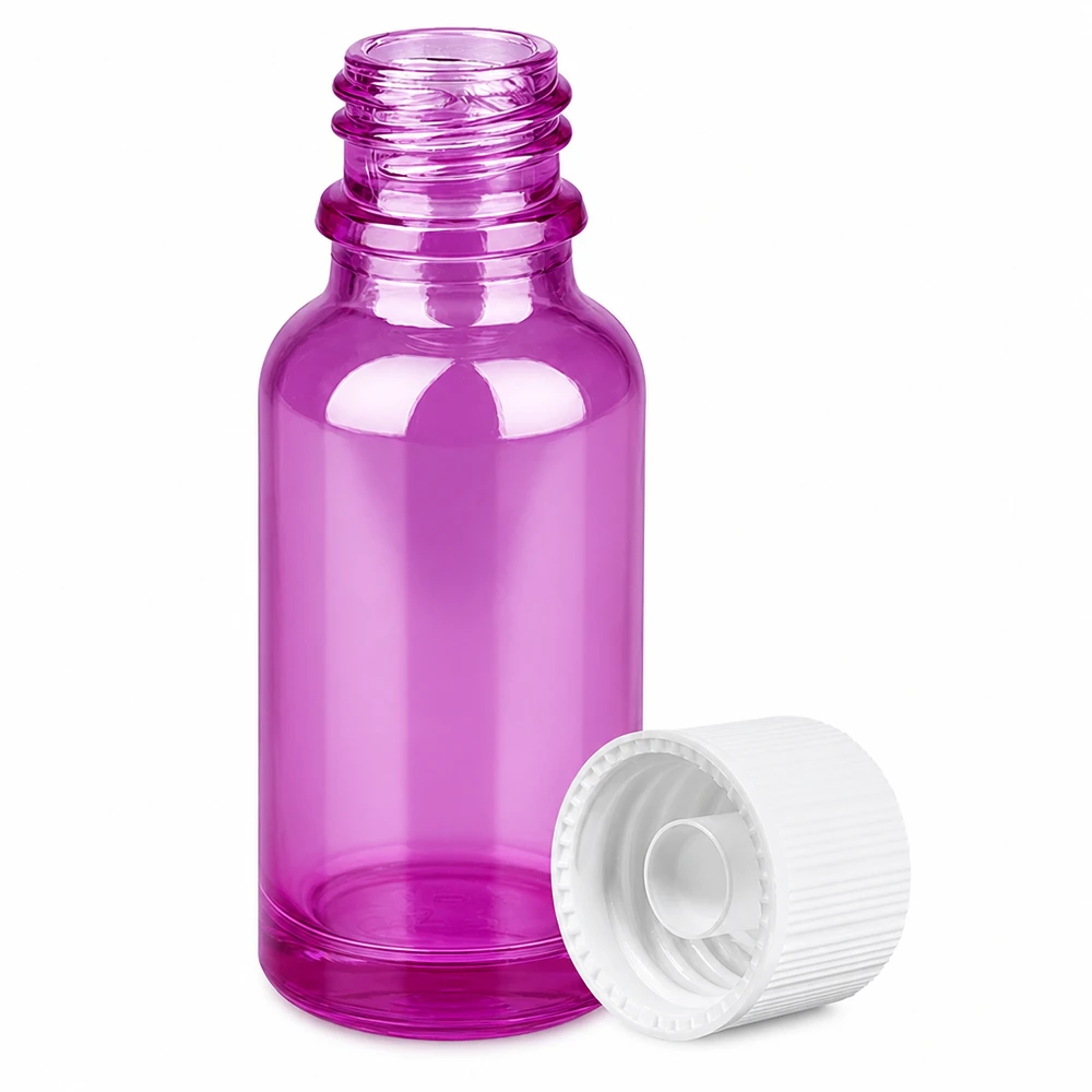 Pieni 20ml lasipullo violetilla 11mm kierteellä ja valkoisella korkilla aromaterapiaa varten.