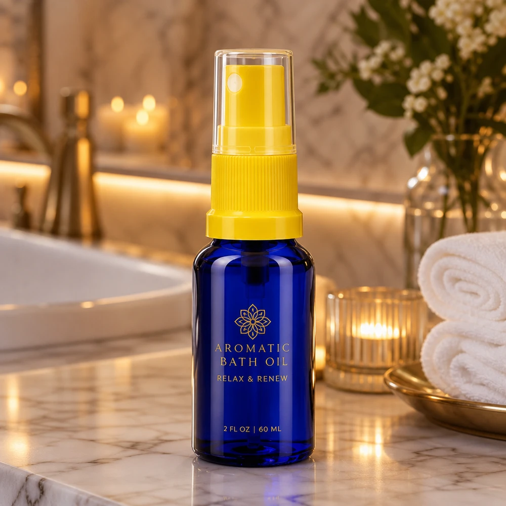 Apteekkipullo sininen 10ml suihkepullon yläosa keltainen Sininen apteekkipullo, 10 ml, UV-suojalla ja keltaisella pumppusumuttimella – ihanteellinen kylpyöljyille ja aromaterapiaan