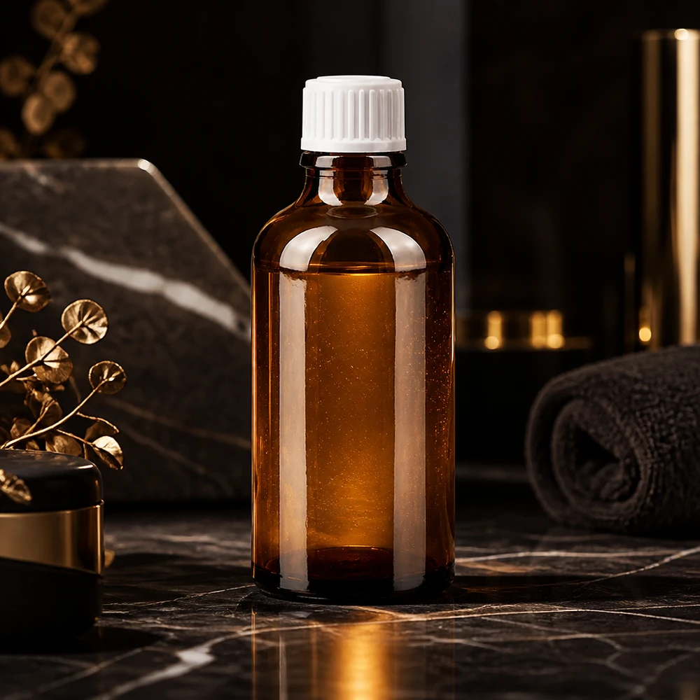 50 ml:n ruskea ApoGlas-tiputuspullo mustalla marmorilla ja kultaisella koristeella