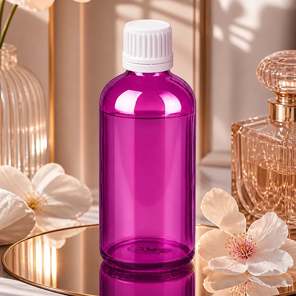 100ml violetti lasipullo, jossa on uritettu valkoinen korkki, ihanteellinen valolle herkille nesteille.