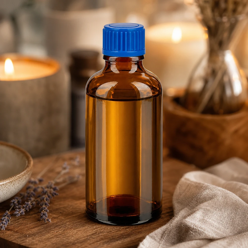 Pieni 50ml tippapullo UV-suojatusta meripihkalasista, jossa on käytännöllinen sininen kierrekorkki.