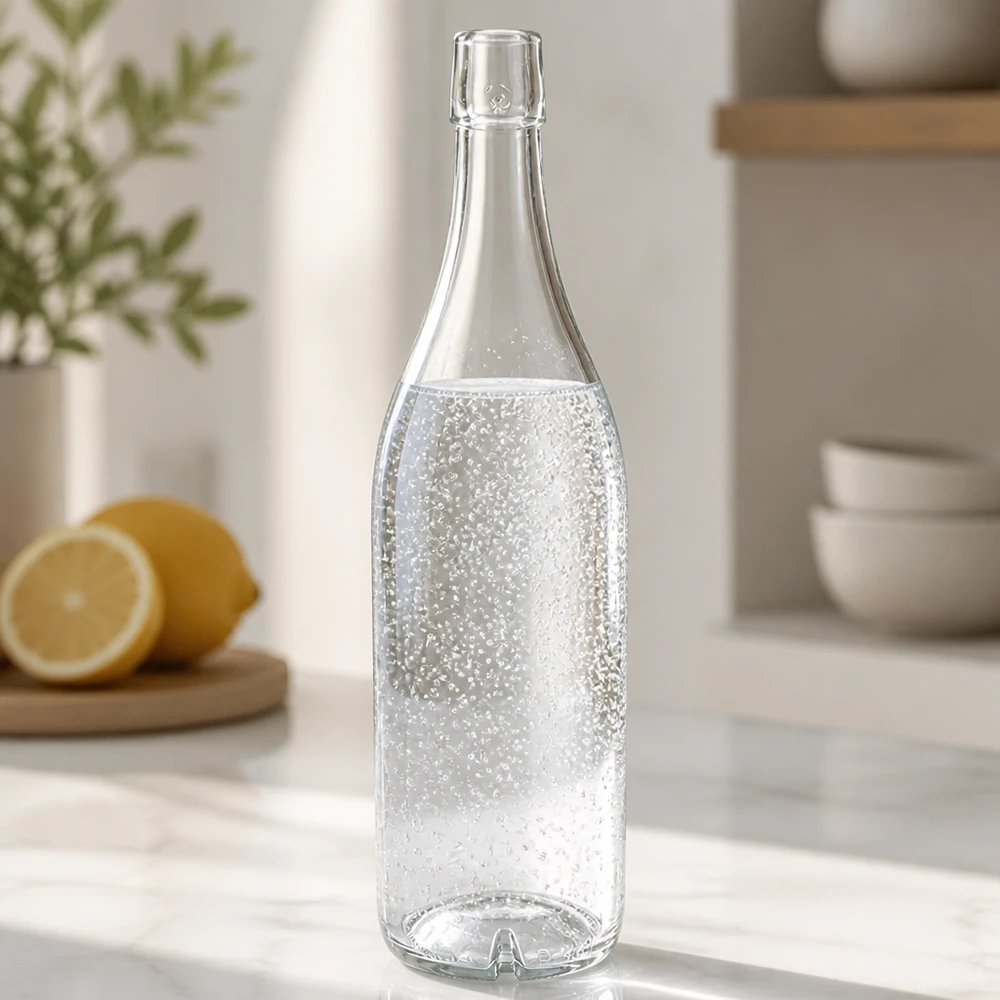 1000 ml:n lasipullo ilman kääntökorkkia UNiTWIST Lasipullo 1000ml UNiTWIST täynnä kuohuvaa vettä Keittiön tiski sitruunat moderni keittiö kalusteet kirkas