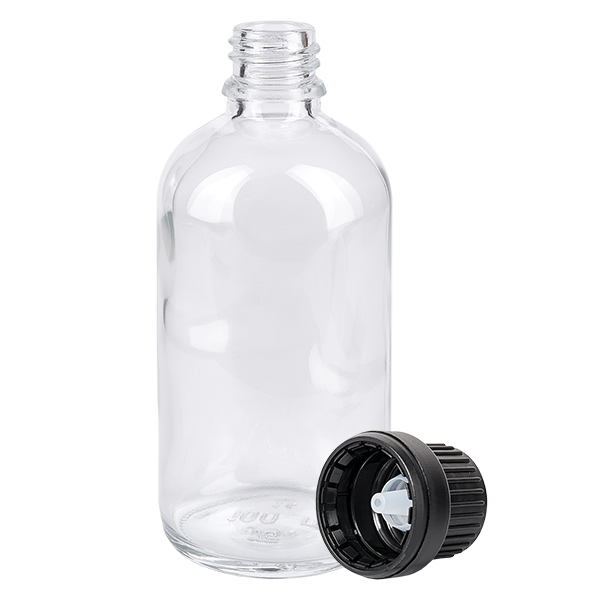 Tyhjä 100 ml:n lasipullo, jossa on musta tippakorkki (aukko 2 mm), ClearLine-sarja