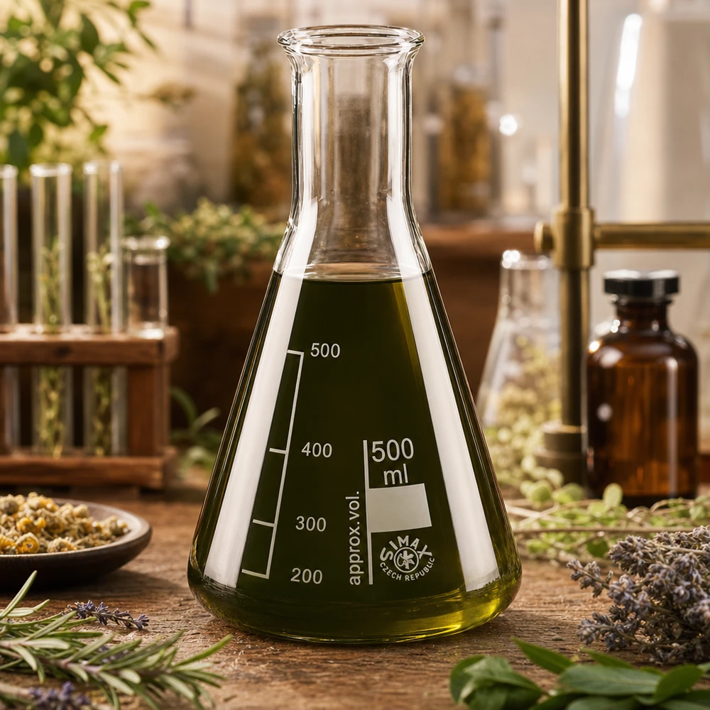 Erlenmeyer-pullo 500ml kapeakaulainen pullo Erlenmeyer-pullo 500ml kapea kaula, jossa on vihreää nestettä yrttien ja laboratoriovälineiden välissä.