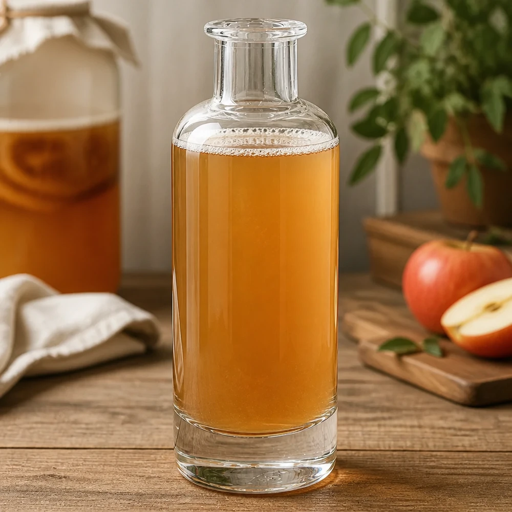 200ml Glasflasche Ella mit Apfelsaft befüllt in Küche zeigt vielseitige Nutzung für Säfte und Getränke