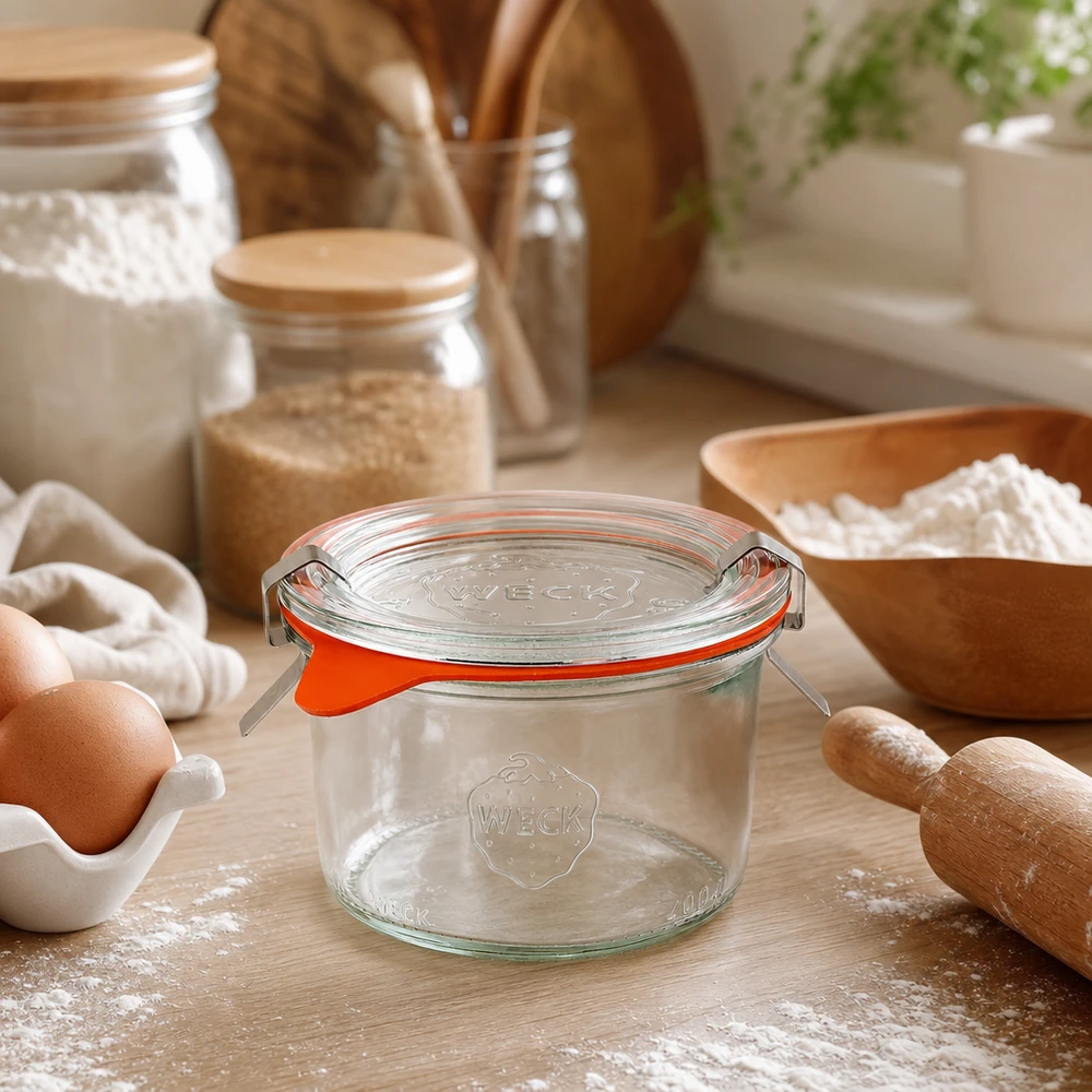 WECK-kupit 200ml RR80 keittiössä, jossa on leivonta-aineksia, jauhoja, munia ja puisia ruokailuvälineitä leivontaan ja ruoanlaittoon.