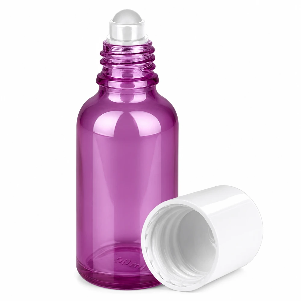 30 ml:n roll-on-pullo valkoinen vakio PurpleLine UT18/30 PurpleLine UT18/30 Violetti lasinen roll-on-pullo 30ml, jossa on rullapallo-applikaattori, ihanteellinen eteerisille öljyille ja seerumeille.
