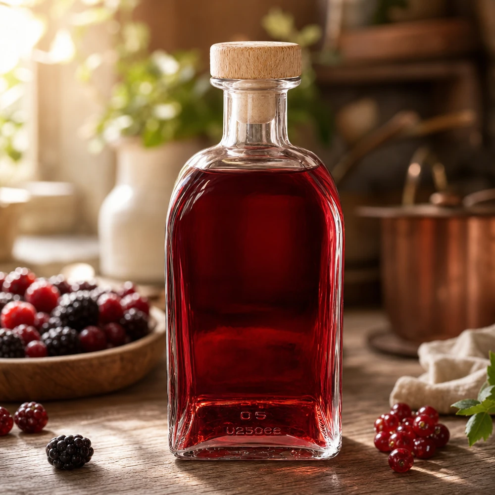 500ml Julia-lasipullo, jossa on puukorkki ja joka on täytetty punaisella marjaliköörillä puupöydällä, jossa on karhunvatukoita ja punaherukoita.
