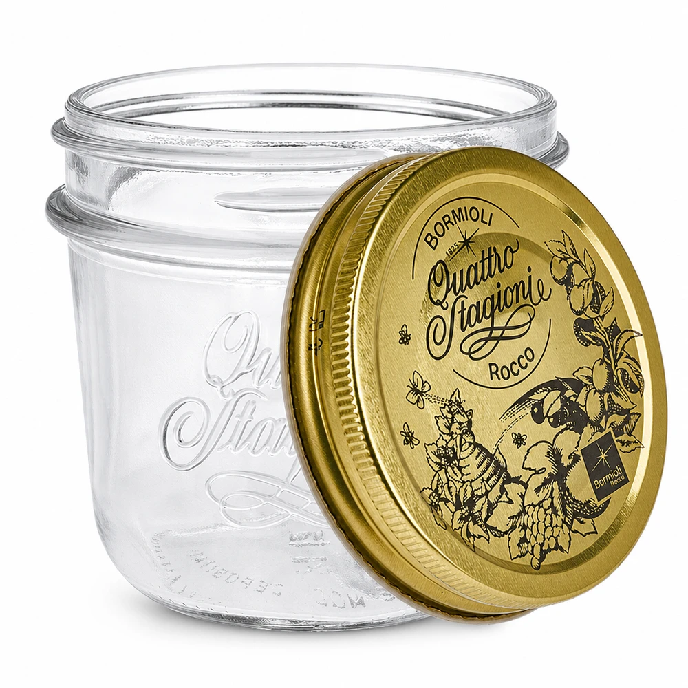 200ml "Quattro Stagioni" -mukit, joissa on kansi. 200ml Quattro Stagioni juomalasit, joissa on kultainen kansi Bormioli Rocco säilöntätölkki läpinäkyvä tyhjä tyhjä
